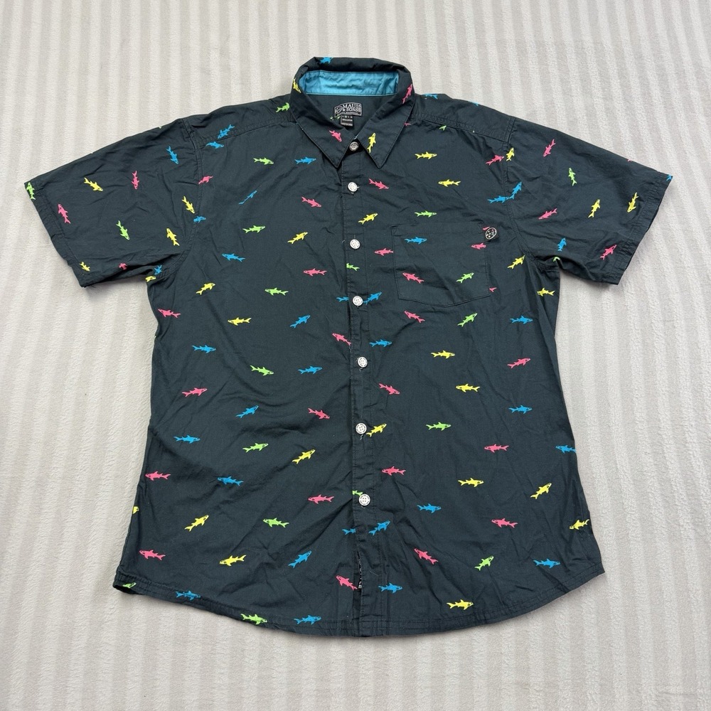 Maui & Sons Men's Medium Black Short Sleeve Button Down Shark Print